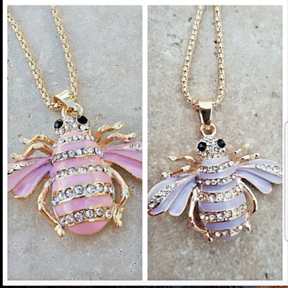 Bee Pendant Necklace 26" Long Spring Summer rhinestones enamel *